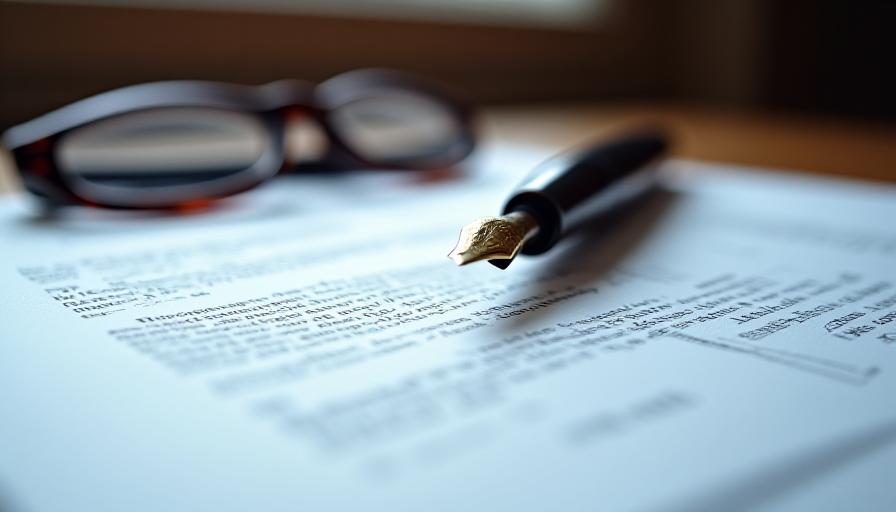 Close up of a legal document with a modern fountain pen and spectacles