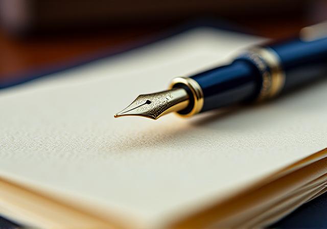 Close-up of a high-quality fountain pen and legal documents on a dark oak desk
